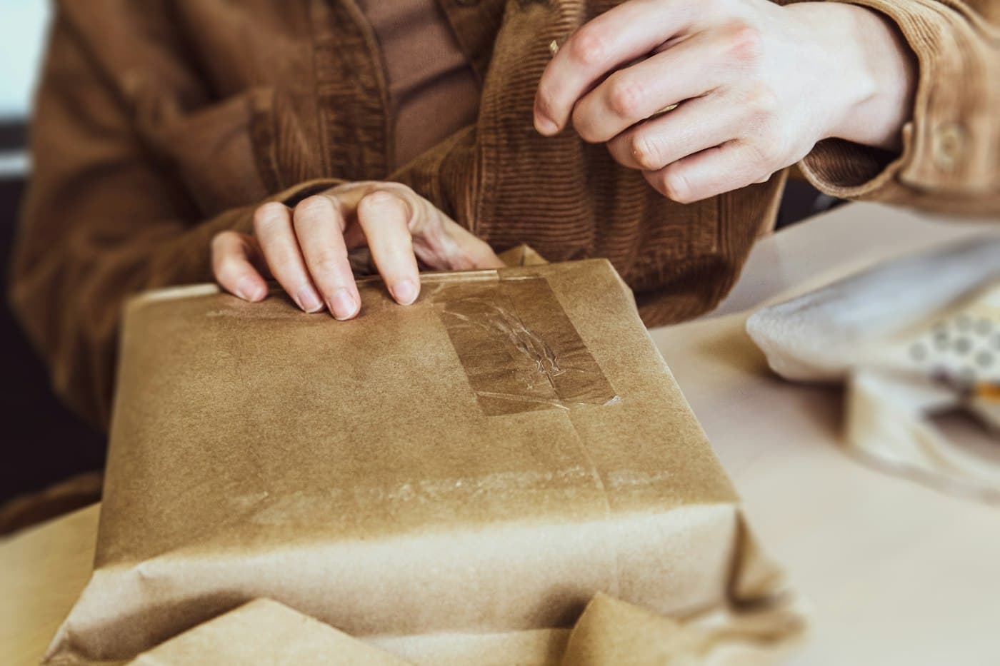 Hands sealing a paper-wrapped parcel with tape